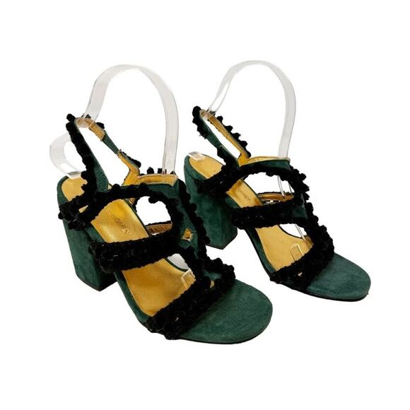 Rachel Comey Chenille Suede Green Black Pom Pom Block Heeled Cage Sandals US 6 - Picture 1 of 9